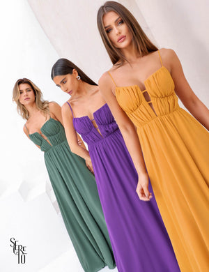 Vestido Longo Joice Busto Franzido Mostarda