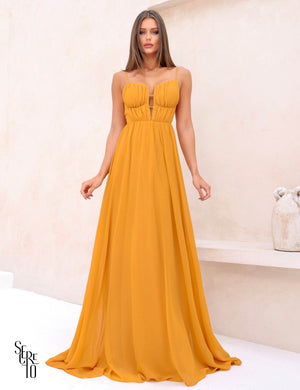 Vestido Longo Joice Busto Franzido Mostarda