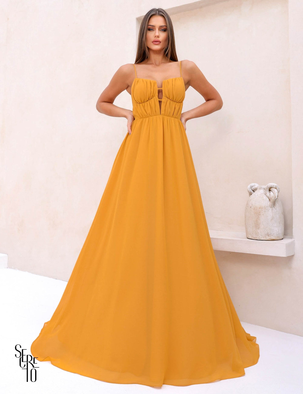 Vestido Longo Joice Busto Franzido Mostarda