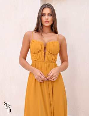 Vestido Longo Joice Busto Franzido Mostarda