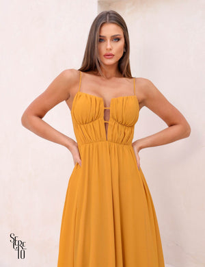 Vestido Longo Joice Busto Franzido Mostarda