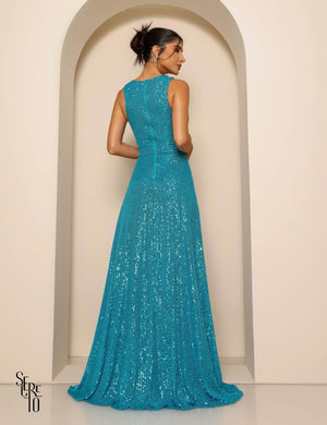 Vestido Longo Paetê Dominique Azul Turquesa