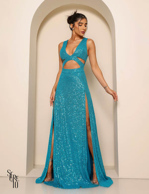 Vestido Longo Paetê Dominique Azul Turquesa