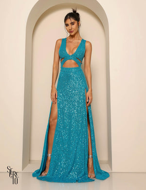 Vestido Longo Paetê Dominique Azul Turquesa