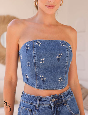 Cropped T.Q.C Flowers Jeans Escuro