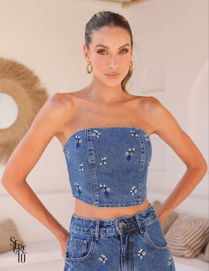 Cropped T.Q.C Flowers Jeans Escuro