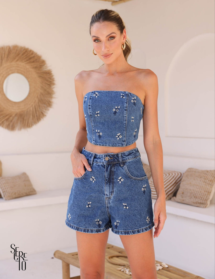 Cropped T.Q.C Flowers Jeans Escuro