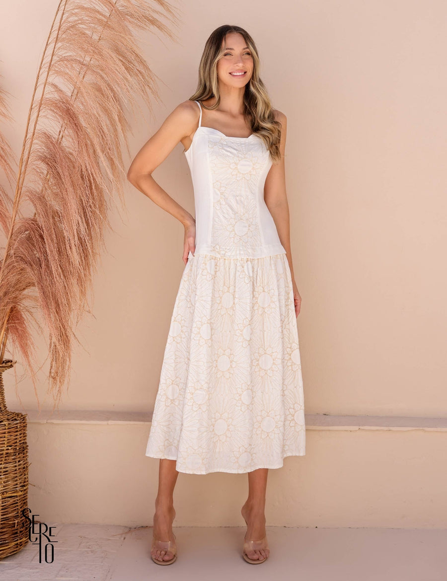 Vestido Longo Linho Bordado Natural