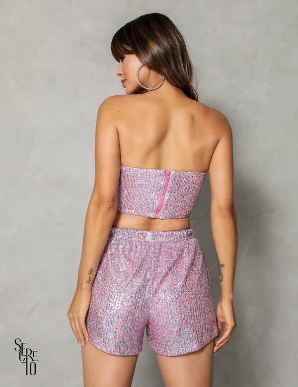 Conjunto Top e Short Paetê Sereia Rosa