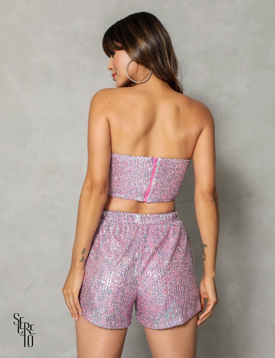 Conjunto Top e Short Paetê Sereia Rosa