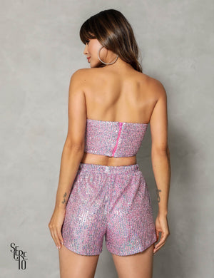 Conjunto Top e Short Paetê Sereia Rosa