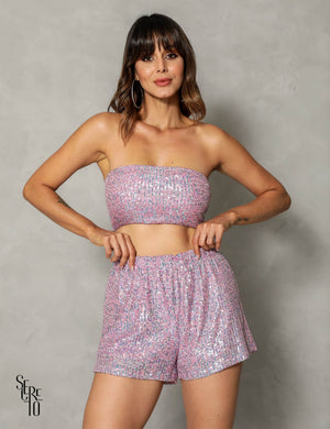 Conjunto Top e Short Paetê Sereia Rosa