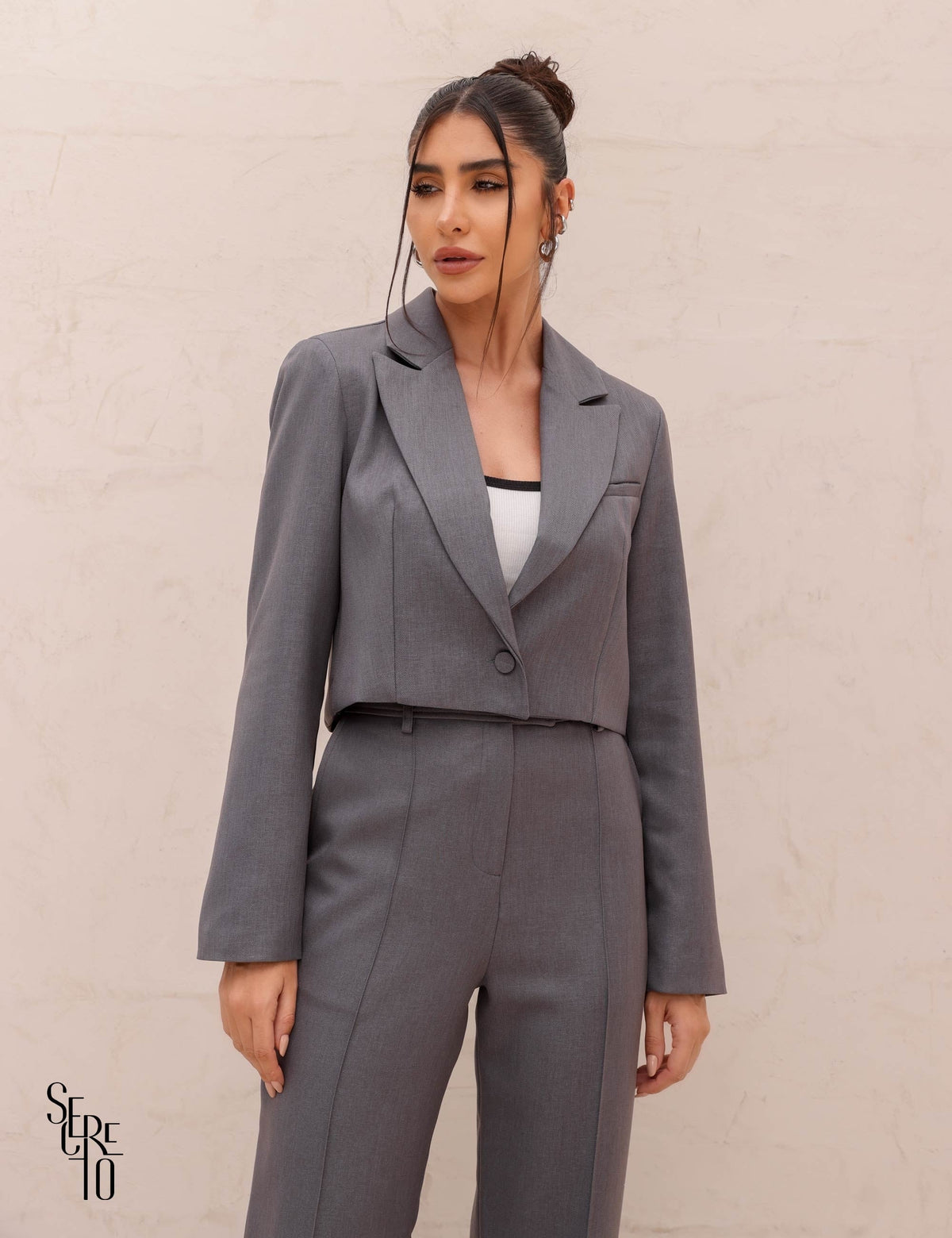 Blazer Cropped Alfaiataria Rox Cinza