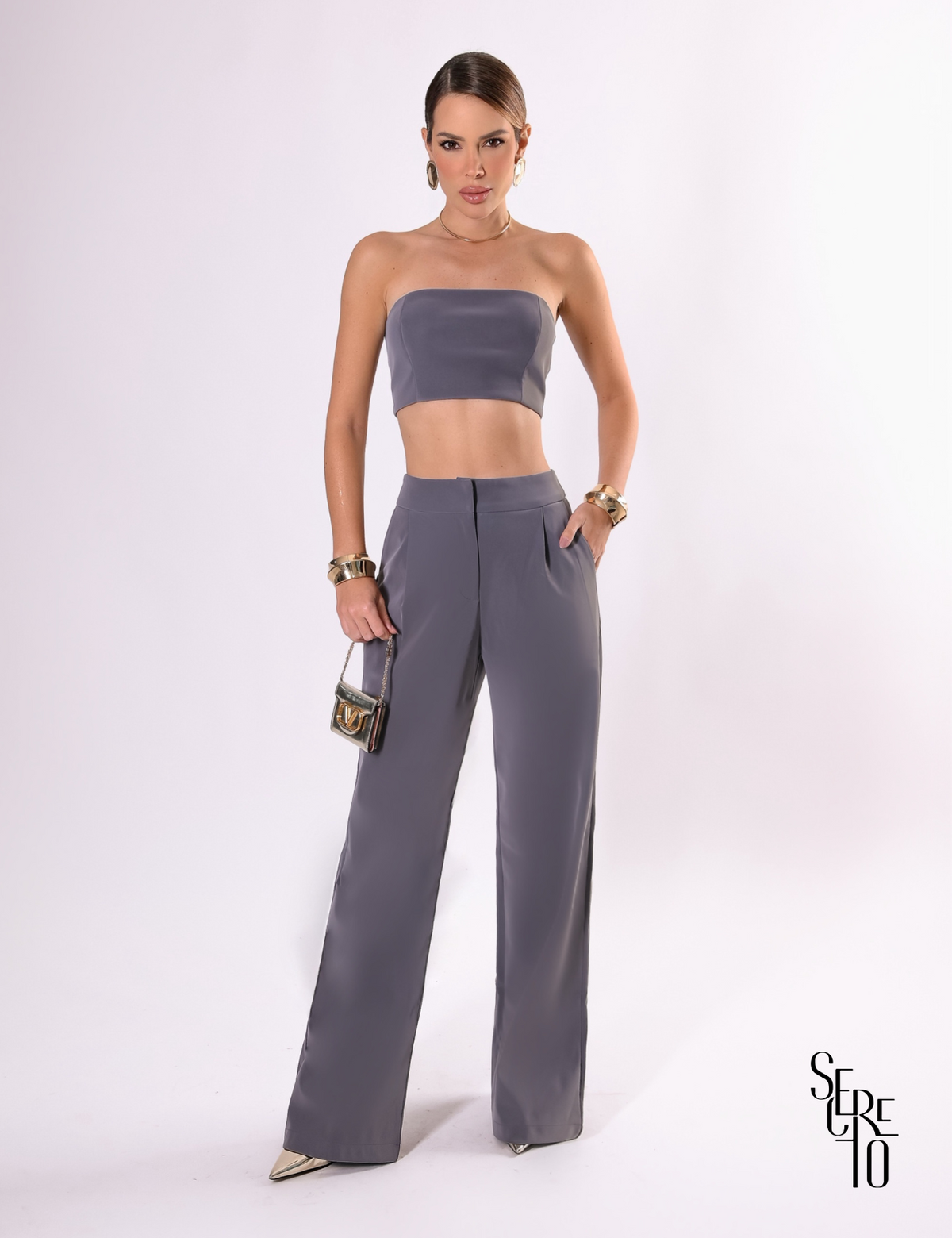 Top T.Q.C Couro Velvet Viz Cinza