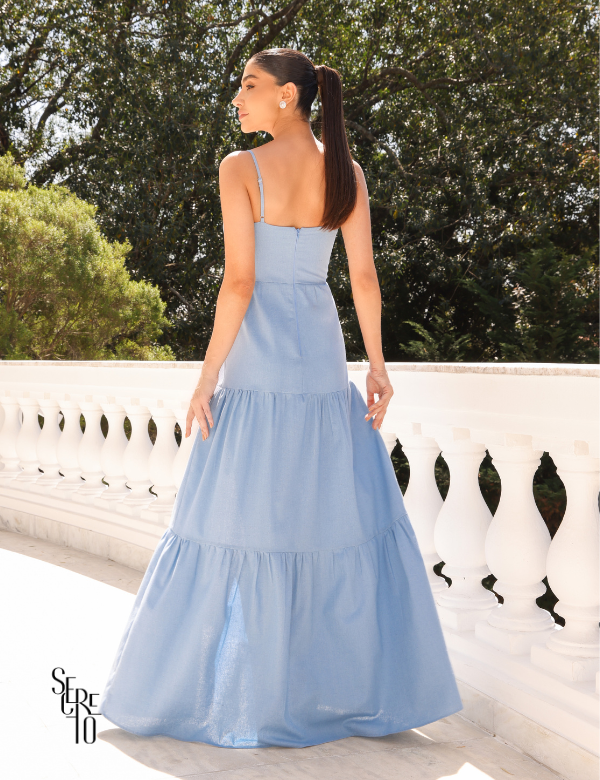 Vestido longo busto franzido azul claro Kethe
