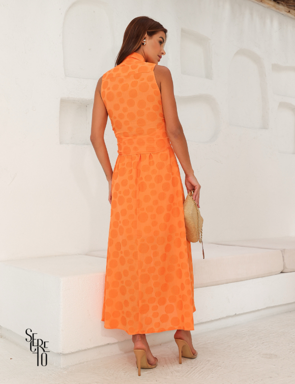 Secreto Vestido Longo Amarração Poá Laranja
