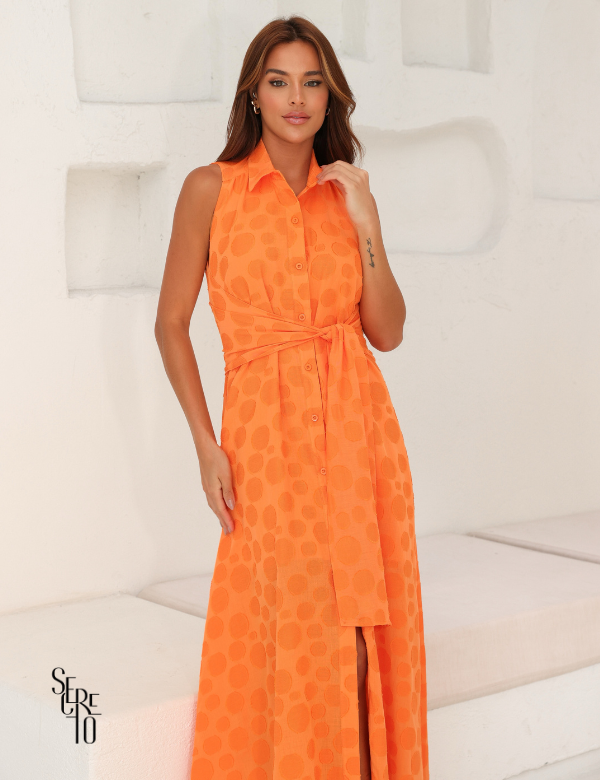 Secreto Vestido Longo Amarração Poá Laranja