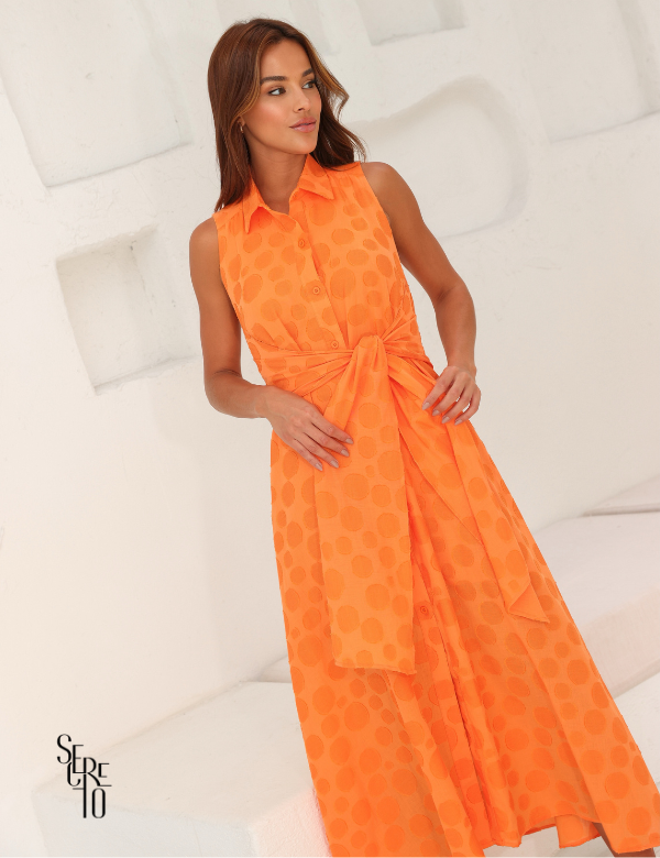 Secreto Vestido Longo Amarração Poá Laranja