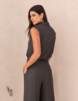 Conjunto Blusa e Calça Risca de Giz Xuan Preto