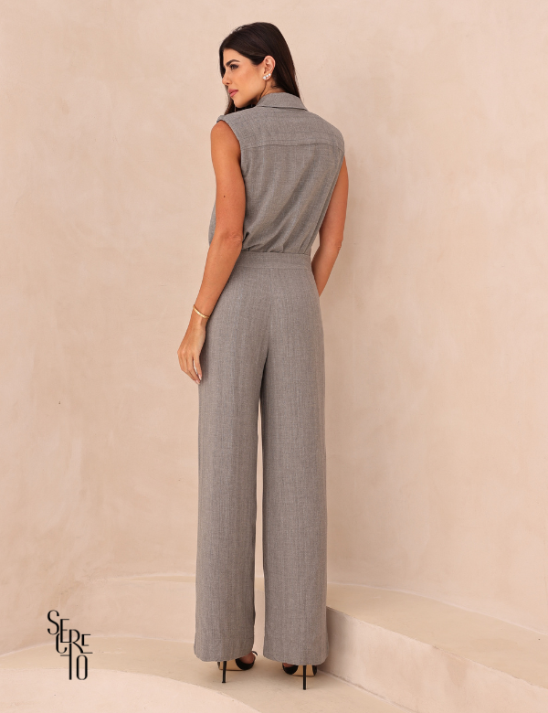 Conjunto Blusa e Calça Risca de Giz Xuan Cinza