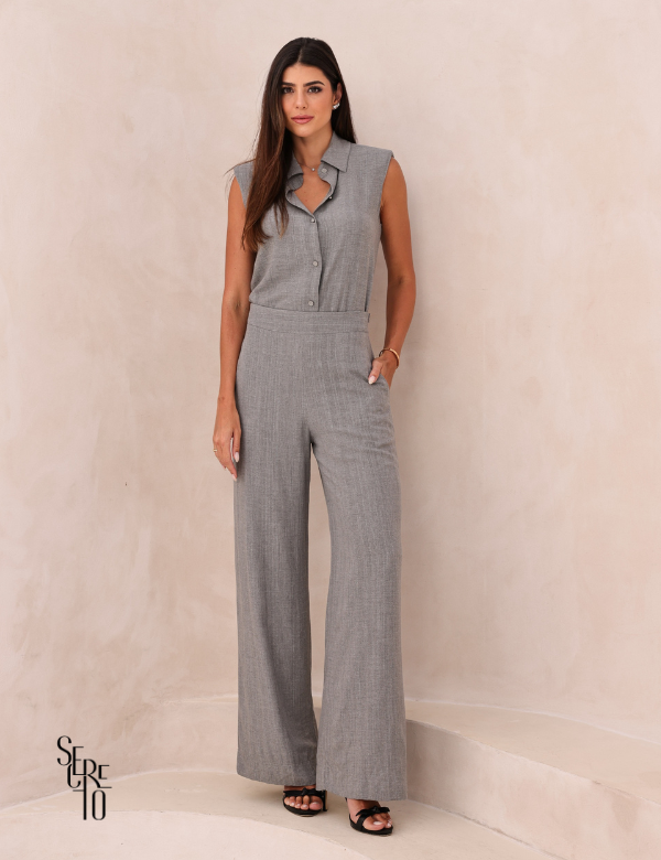 Conjunto Blusa e Calça Risca de Giz Xuan Cinza