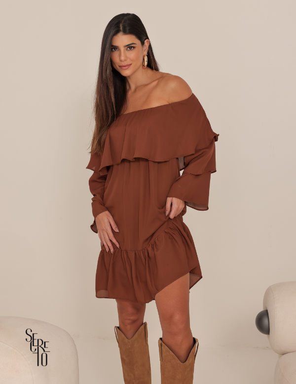 Vestido Curto Ombro a Ombro Livia Verde Marrom