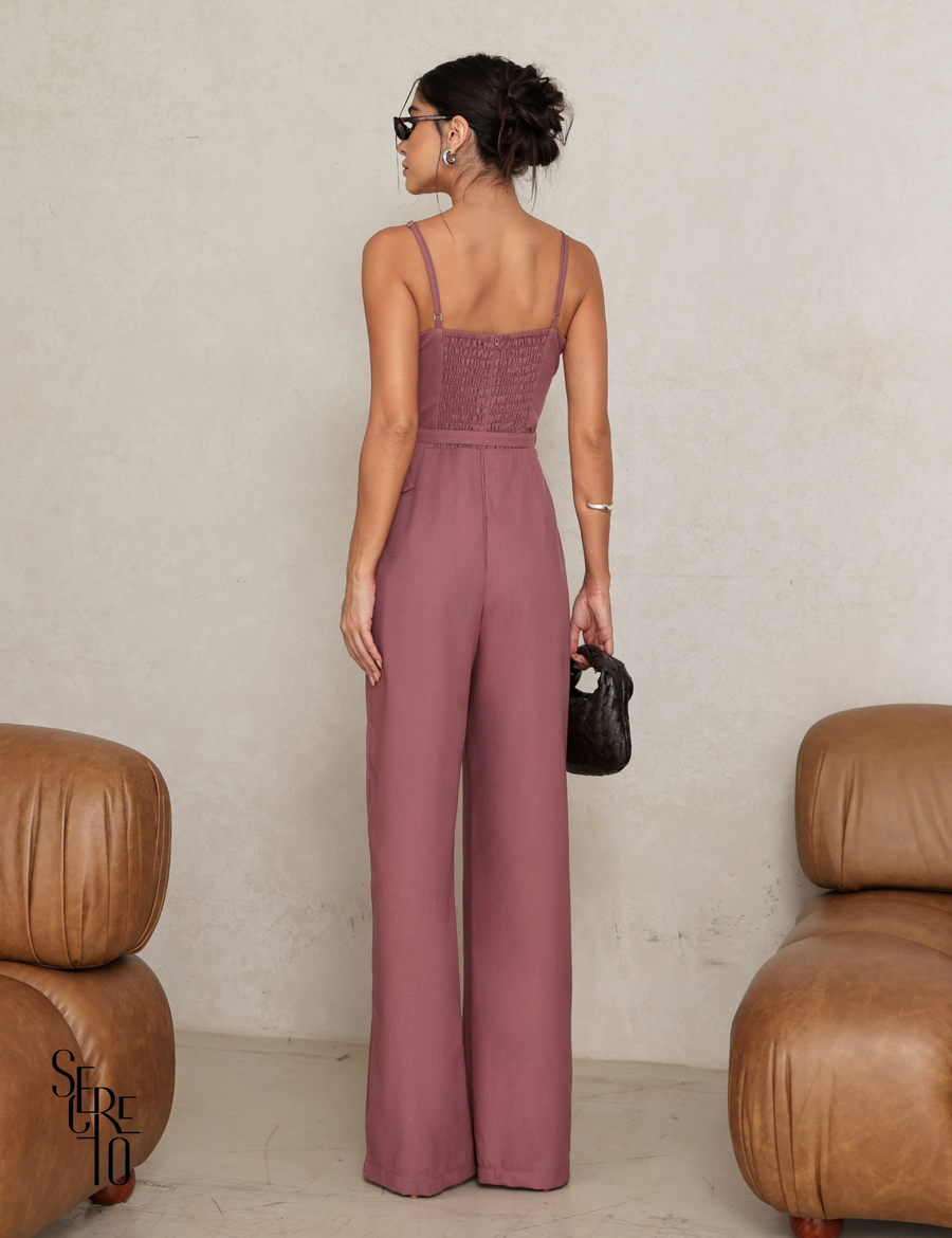 Macacão Longo Com Cinto Lia Rosa Seco