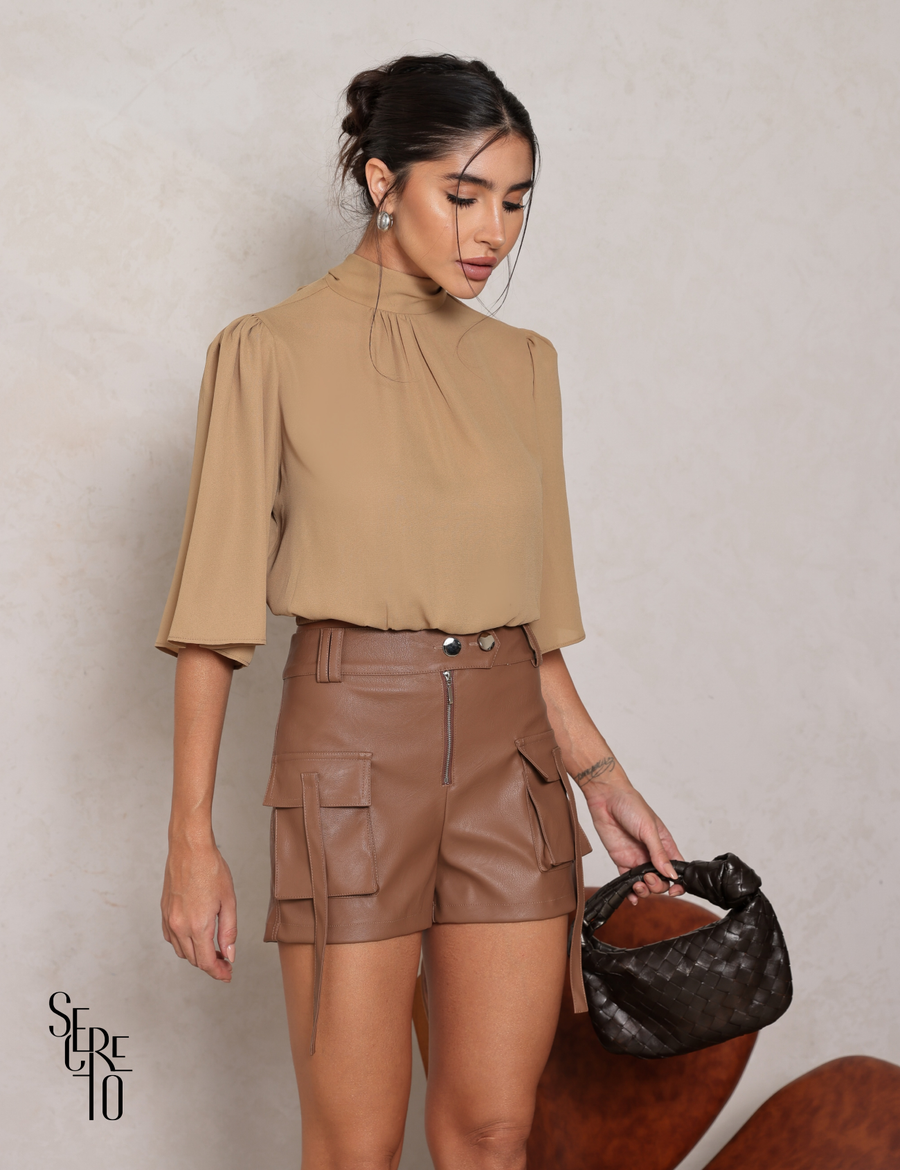 Shorts Couro Pu Bolsos Pandora Camel