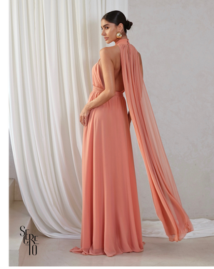 Vestido Longo com Calda Aida Salmão