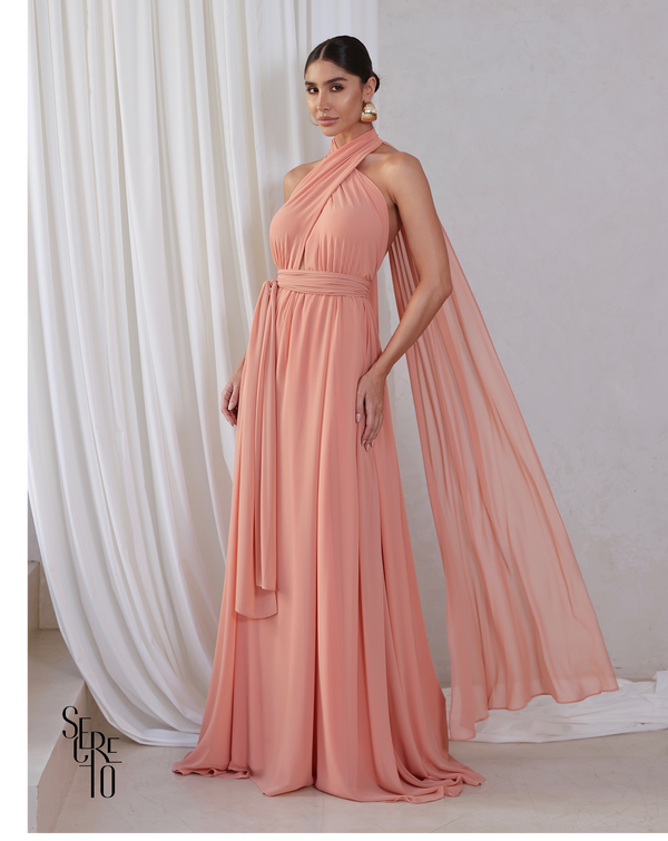 Vestido Longo com Calda Aida Salmão