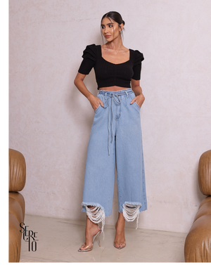 Cropped Tricô Manga Bufante Bruna Preto