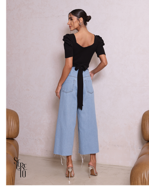 Cropped Tricô Manga Bufante Bruna Preto