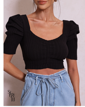 Cropped Tricô Manga Bufante Bruna Preto