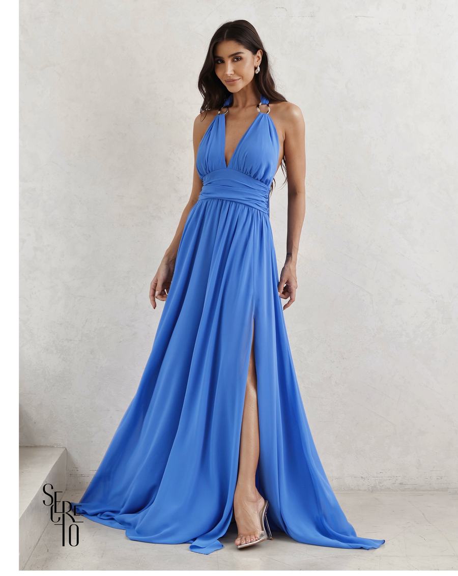 Vestido Longo Com Fivela Thais Azul Ocean