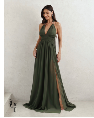 Vestido Longo Com Fivela Thais Verde Musgo