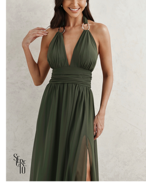 Vestido Longo Com Fivela Thais Verde Musgo