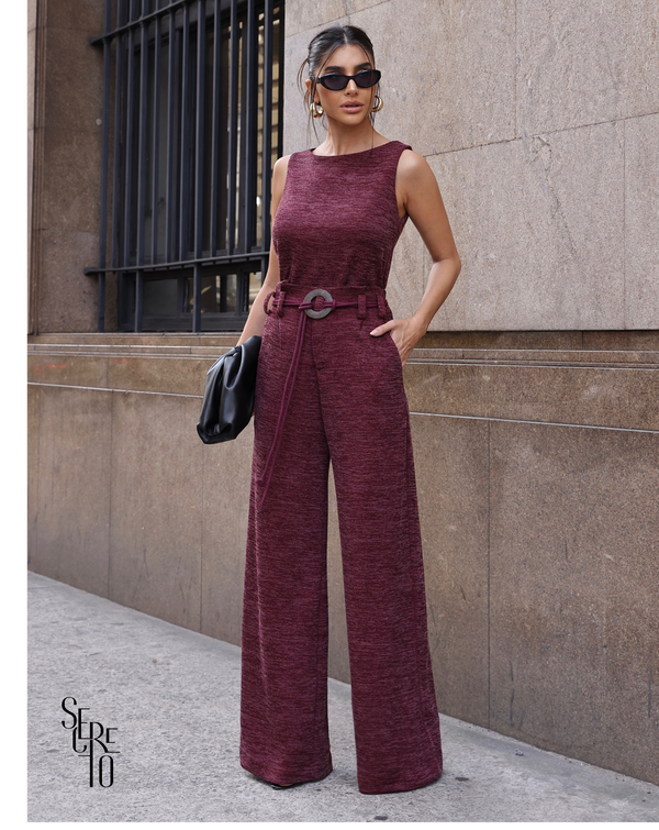 Conjunto Blusa e Calça Tricô Fernanda Vinho