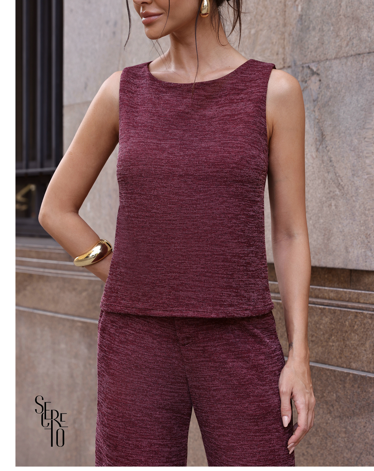 Conjunto Blusa e Calça Tricô Fernanda Vinho