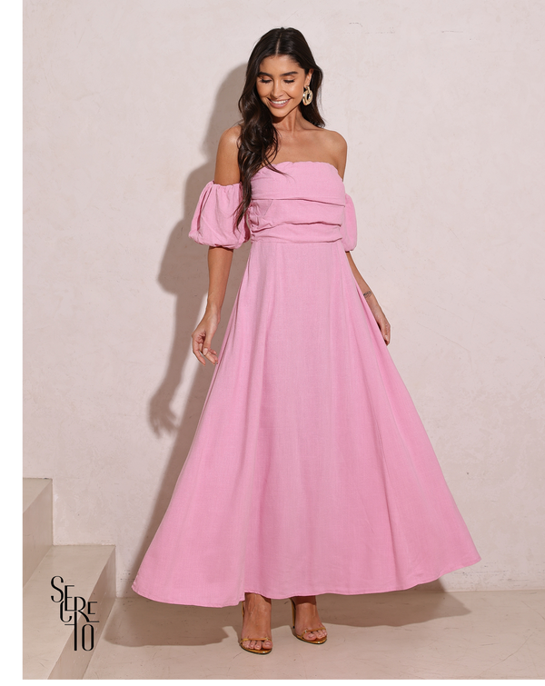 Vestido Longuete Manga Removível Laura Rosa