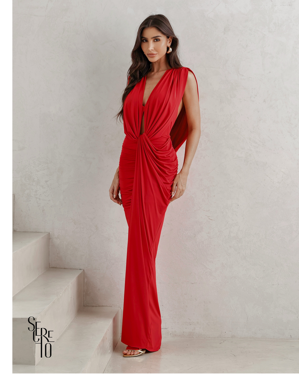 Vestido Longo Drapeado Anie Vermelho