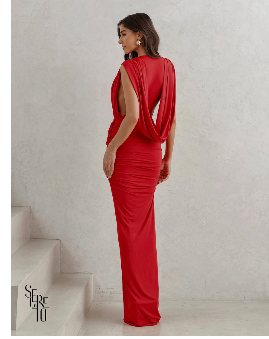 Vestido Longo Drapeado Anie Vermelho
