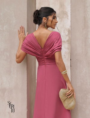 Vestido Longo Acetinado com Fenda Joana Rosa Seco