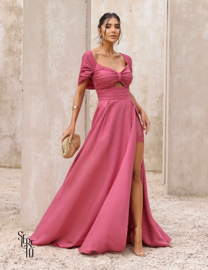 Vestido Longo Acetinado com Fenda Joana Rosa Seco