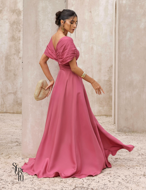 Vestido Longo Acetinado com Fenda Joana Rosa Seco
