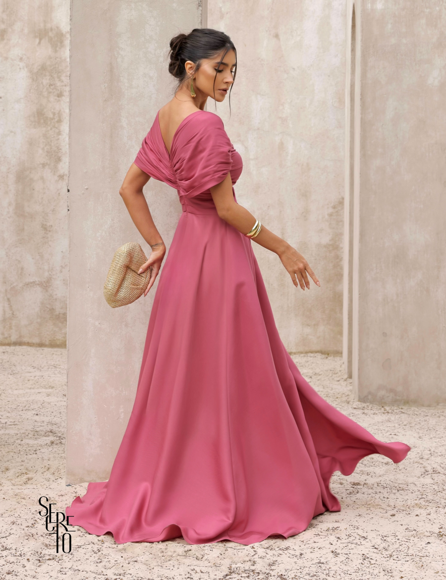 Vestido Longo Acetinado com Fenda Joana Rosa Seco