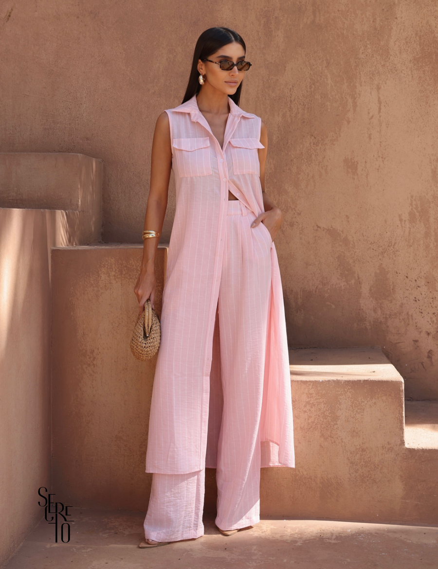 Conjunto Listrado Max Chemise e Calça Andrea Rosa