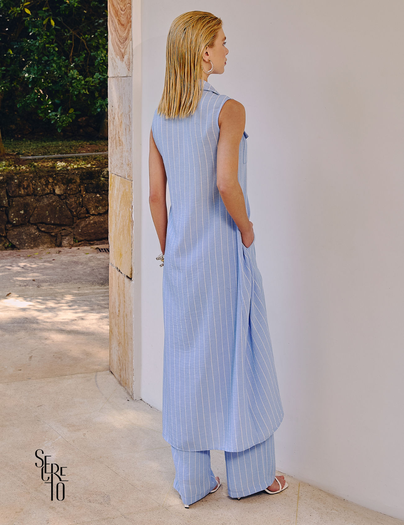 Conjunto Listrado Max Chemise e Calça Andrea Azul Claro