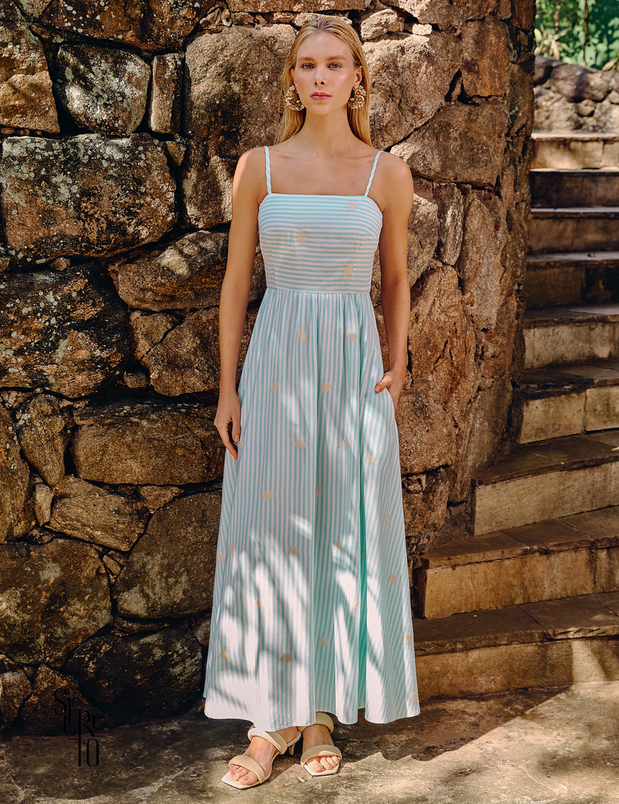 Vestido Longo Com Bordado Maria Verde Menta