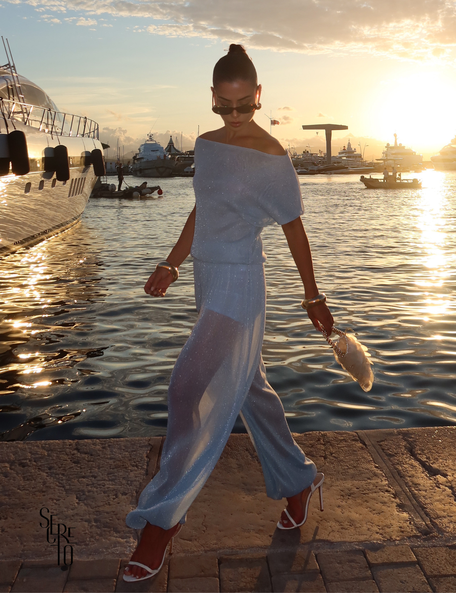 Conjunto Blusa e Calça Tule Pammela Azul Claro