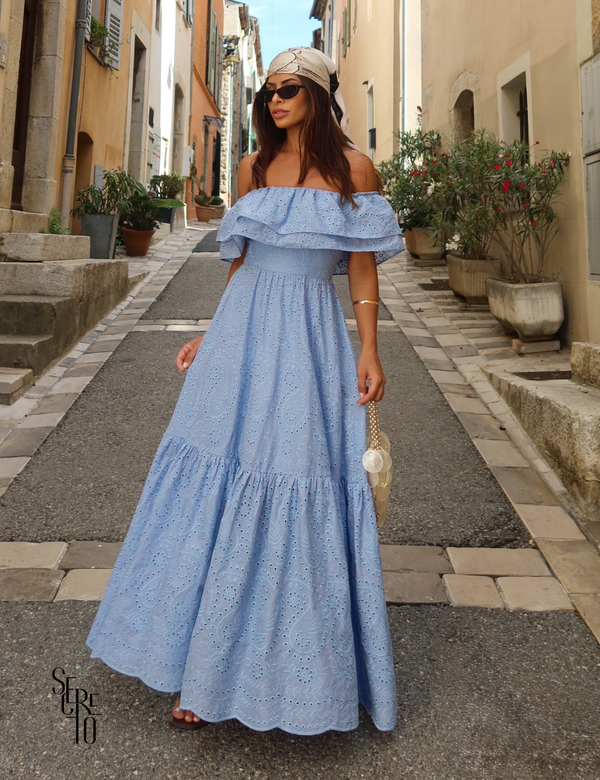 Vestido Longuete Laise Ombro a Ombro Alicia Azul